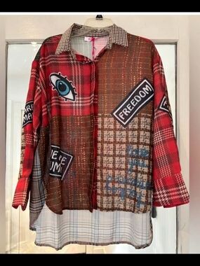 Yolly Italy Patchwork Button-Down Hi Low Shirt - Red & Brown Plaid
